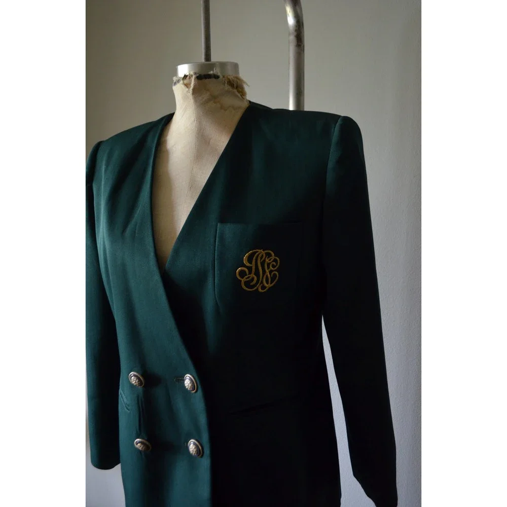 Vintage 80s Dark Green tailored green Woman Double breasted blazer - Picture 5 of 8